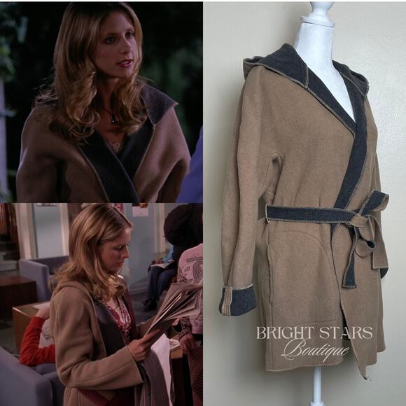 Rare Vintage Wool Coat Jacket ASO Buffy Summers BtVS Womens Tan Gray Belt - Picture 4 of 12